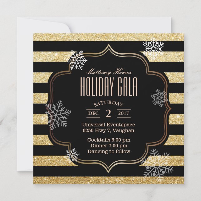 Holiday Gala Black & Gold Stripes Snowflakes Invitation (Front)