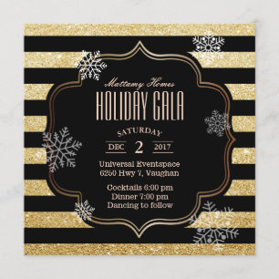 Holiday Gala Black & Gold Stripes Snowflakes Invitation