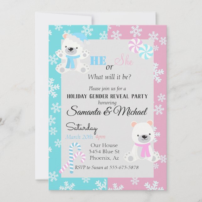 Holiday Gender Baby Reveal Party Polar Bear Invitation (Front)