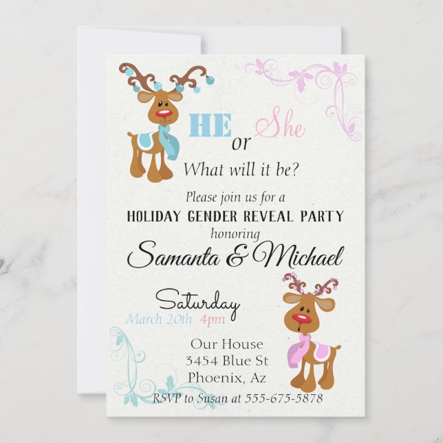 Holiday Gender Baby Reveal Party Reindeer Invitation (Front)
