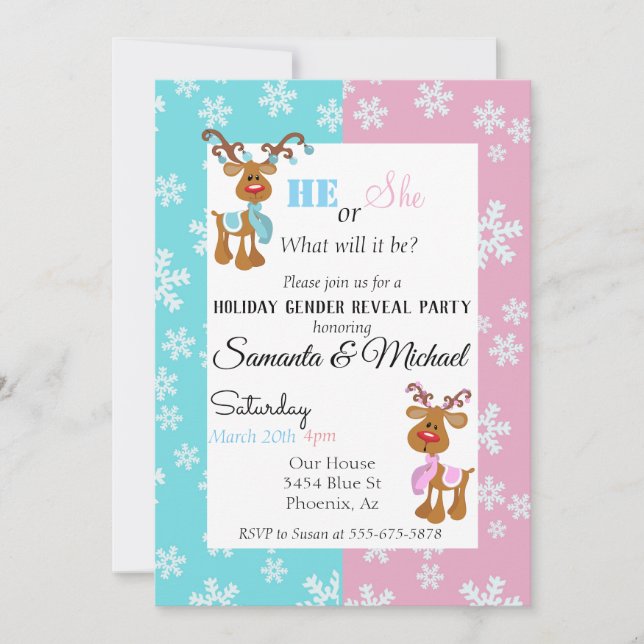 Holiday Gender Baby Reveal Party Reindeer Snow Invitation (Front)