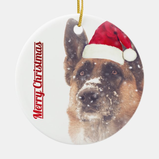 Holiday German Shepherd Photo Ceramic Tree Decoration (Front)