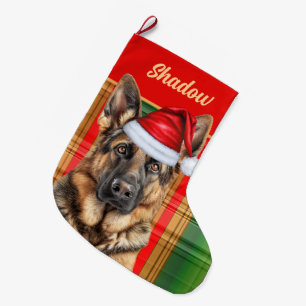 Holiday German Shepherd Plaid with Dog's Name Large Christmas Stocking