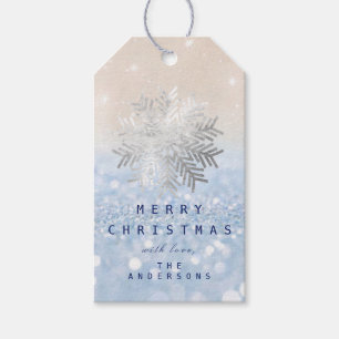 Holiday Gift Blue Snow Flakes Silver Blue Glitter Tags