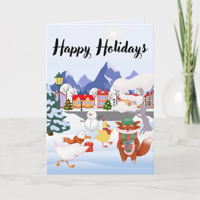 Holiday Gift Card: Playful Animals in Snowy Town (Front)