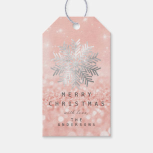Holiday Gift  Snow Flakes Silver Rose Pink Glitter Tags