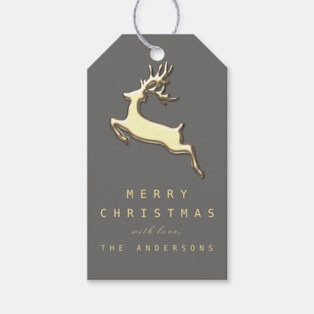 Holiday Gift Tag Graphite Grey Gold Reindeer LUX (Front)