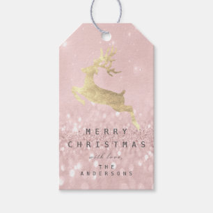 Holiday Gift Tag Gray Glitter Pink Gold Reindeer