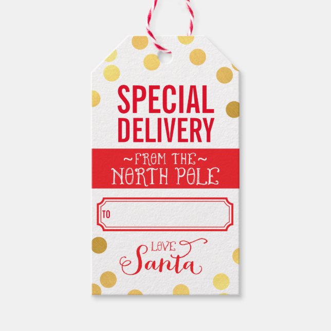 HOLIDAY GIFT TAG special delivery santa gold red (Front)