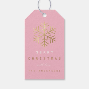 Holiday Gift Tag To .Pink Rose Golden Snowflakes