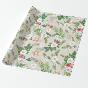 Holiday Gift Wrap Cream Floral and Stars