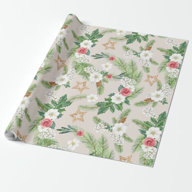 Holiday Gift Wrap Cream Floral and Stars (Unrolled)