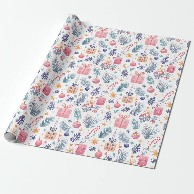  "Holiday Gifts & Greens Pattern" Wrapping Paper (Unrolled)