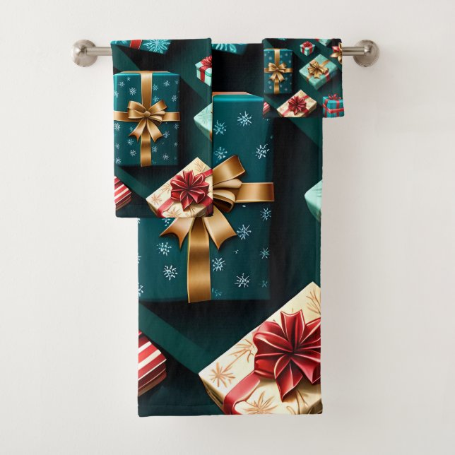 Holiday Gifts Stylish Wrap Gold Blue Red  Bath Towel Set (Insitu)