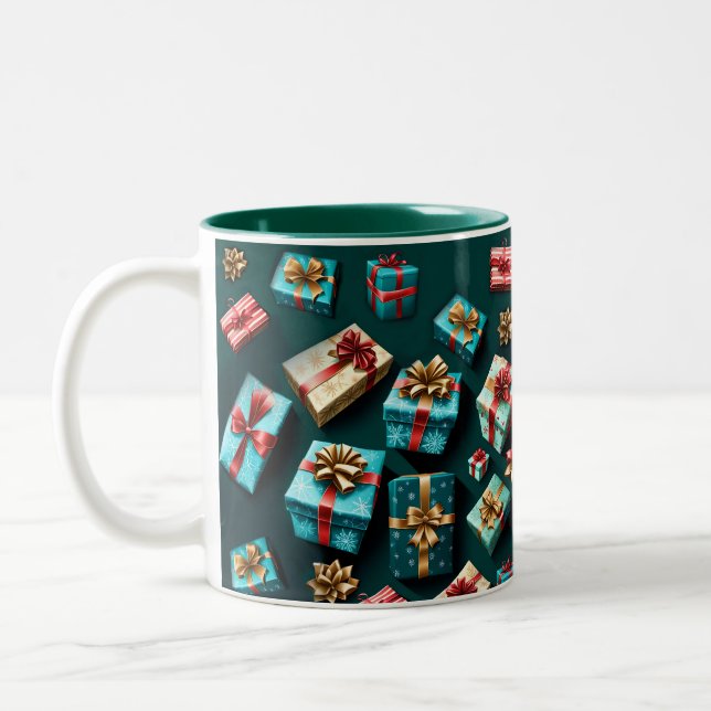 Holiday Gifts Stylish Wrap Gold Blue Red  Two-Tone Coffee Mug (Left)