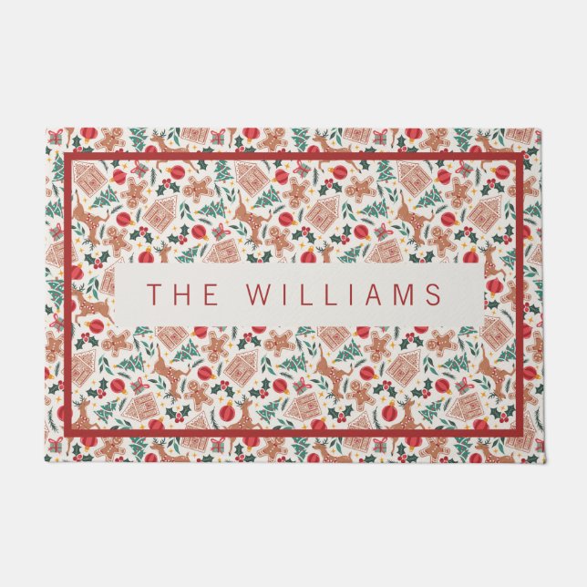 Holiday Gingerbread, Reindeer, & Christmas Tree Doormat (Front)