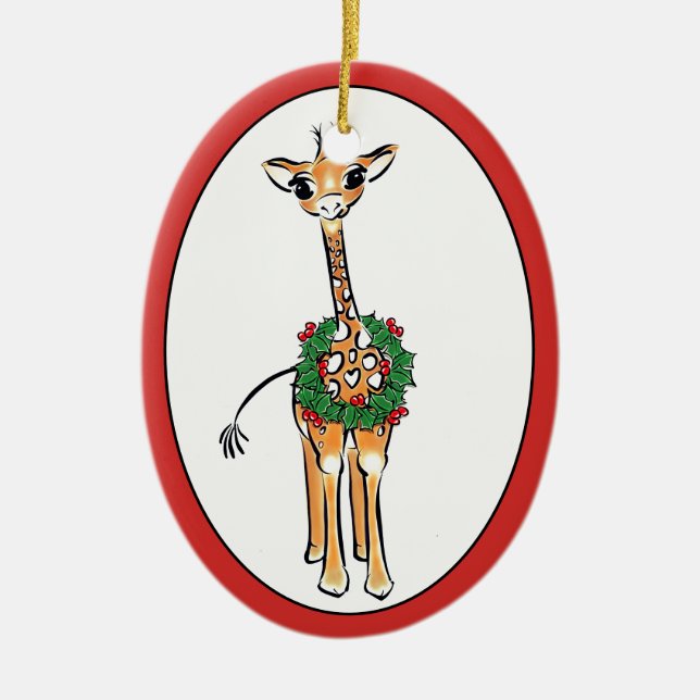 Holiday Giraffe -green and red Holly wreath Ceramic Tree Decoration (Front)