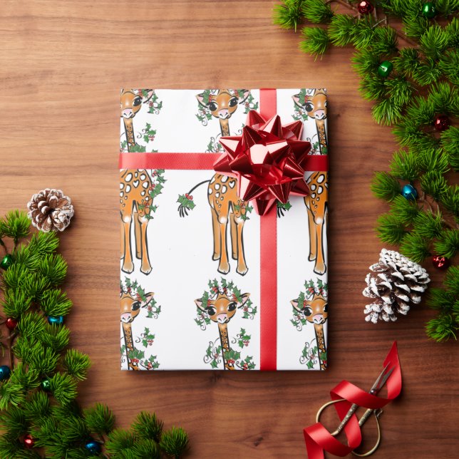 Holiday Giraffe- holiday holly garland  Wrapping Paper (Holiday Gift)