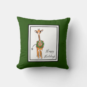 Holiday Giraffe- red and green Holiday wreath Cushion