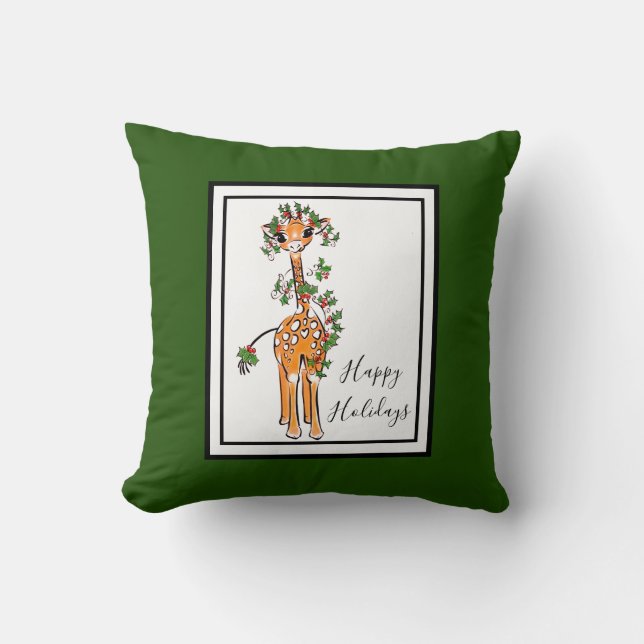 Holiday Giraffe- red and green Holly Cushion (Front)