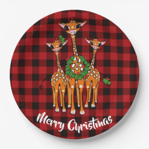 Holiday Giraffe’s, wreath, Red Tartan plaid Paper Plate