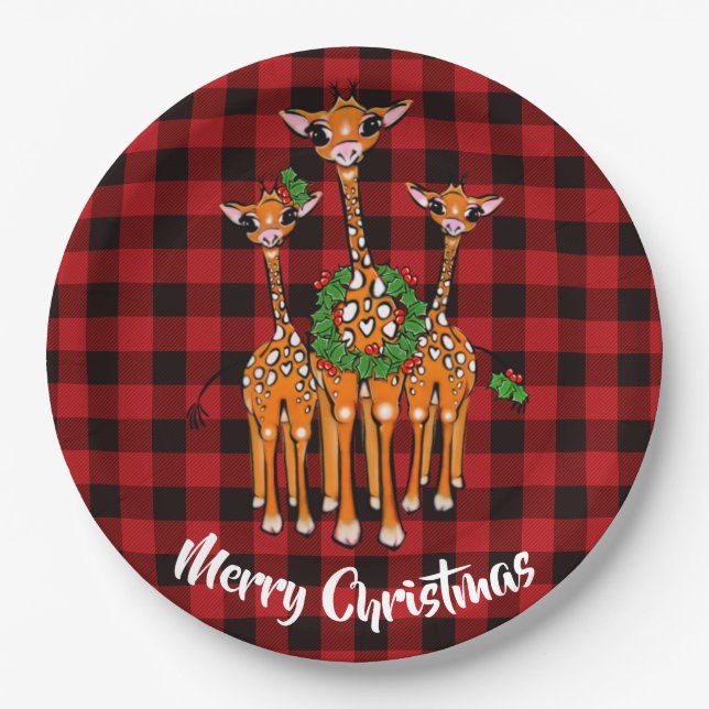 Holiday Giraffe’s, wreath, Red Tartan plaid Paper Plate (Front)