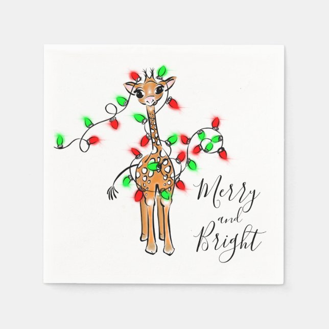 Holiday Giraffe- twinkle red and green lights Napkin (Front)
