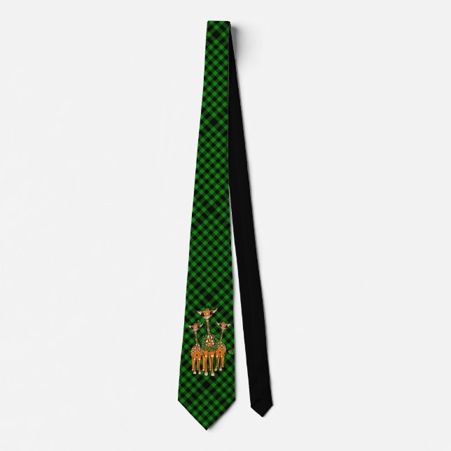 Holiday Giraffe's, holly garland, green plaid  Tie (Front)