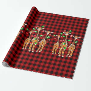 Holiday Giraffes, twinkle red, green lights, plaid Wrapping Paper