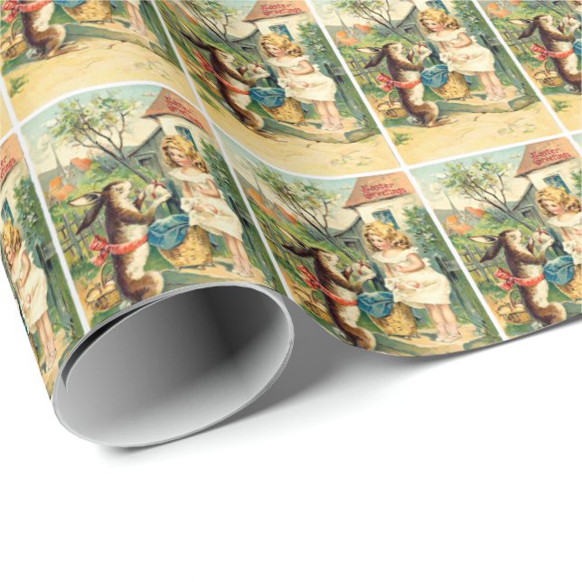 Holiday Girl & Bunny Vintage Easter Wrapping Paper (Roll Corner)