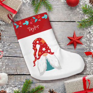 Holiday Gnome Cute Modern Red Leaf Border Name Small Christmas Stocking