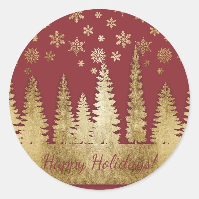 Holiday Gold and Red Winter Wonderland Classic Round Sticker (Front)