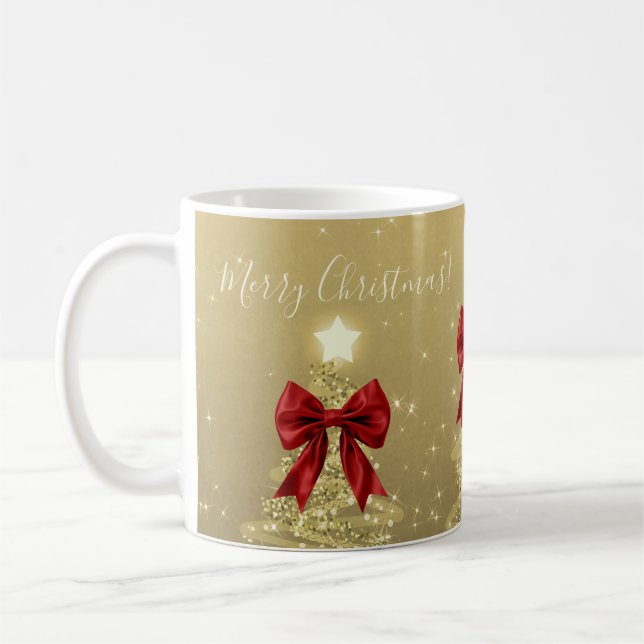 Holiday Gold Christmas Trees w/ Red Bows Coffee Mug (Left)