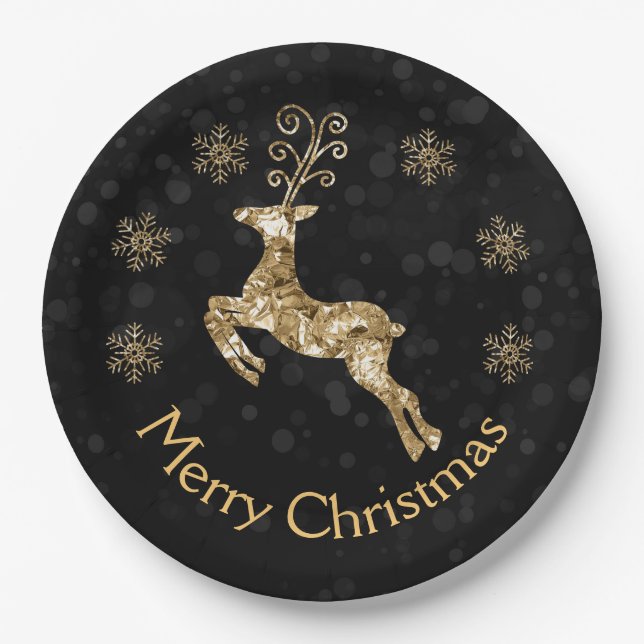 Holiday Gold crumpled Foil Christmas Reindeer Paper Plate (Front)