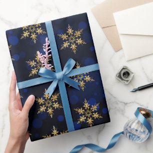 Holiday Gold Faux Foil Snowflakes on Blue Bokeh Wrapping Paper