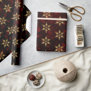 Holiday Gold Faux Foil Snowflakes on Red Bokeh Wrapping Paper