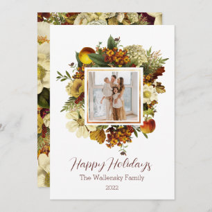 Holiday Gold Floral Photo Family Christmas Invitation