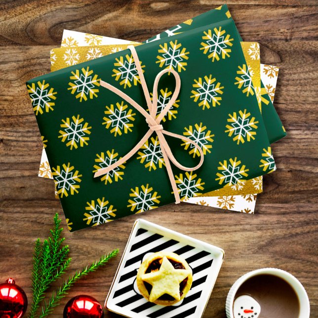 Holiday gold foil white green snowflake pattern wrapping paper sheet (Creator Uploaded)