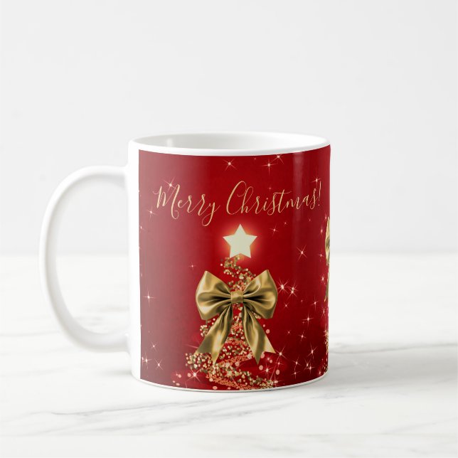 Holiday Gold Red Christmas Trees w/ Bows Coffee Mug (Left)