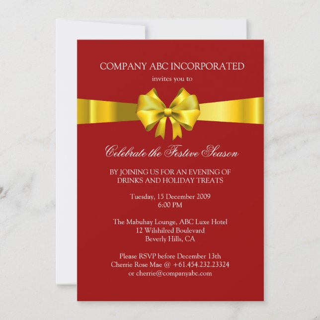 Holiday Gold Ribbon Illustration Corporate Party Invitation (Front)