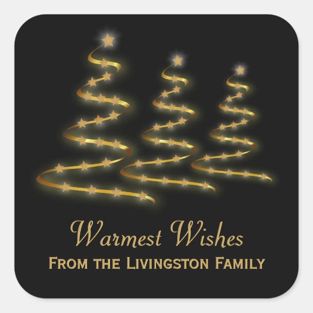 Holiday Gold Ribbon Stylised Christmas Trees Black Square Sticker (Front)