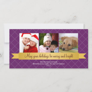 Holiday gold satin ribbon purple lattice greeting card