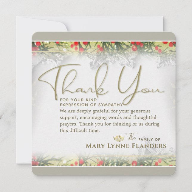 Holiday Golden Christmas Sympathy Thank You Card (Front)