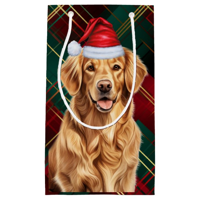 Holiday Golden Retriever Festive Plaid Christmas Small Gift Bag (Front)