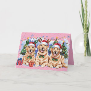 Holiday Golden Retriever Merry Christmas Card Pink