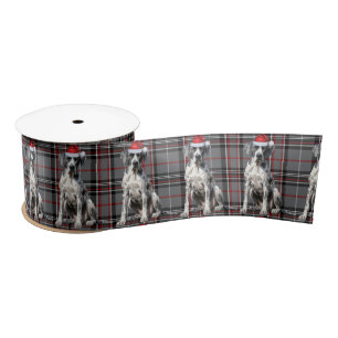Holiday Great Dane Dog on Red and Grey Plaid Satin Ribbon