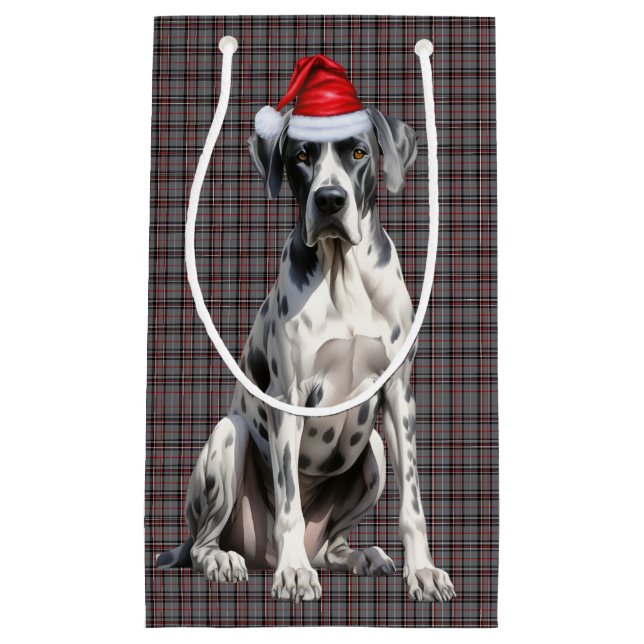 Holiday Great Dane Dog Red Grey Plaid Christmas Small Gift Bag (Front)