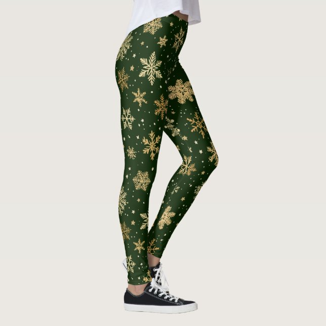 Holiday Green and Gold Snowflakes Leggings (Right)