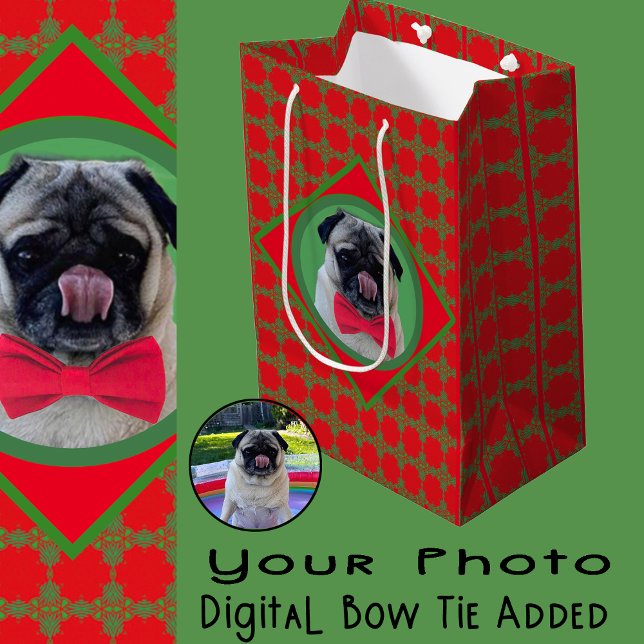Holiday Green and Red Personal Photo and Bow Tie Medium Gift Bag (Creator Uploaded)