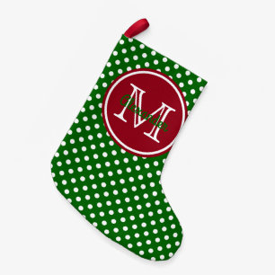 Holiday Green and Red Polka Dot Monogram Small Christmas Stocking
